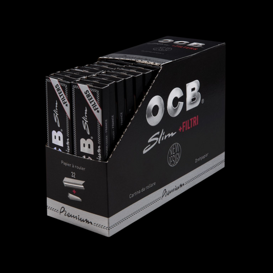 OCB Schwarz Premium Long Slim | 32 Heftchen mit 32 Tips | Long Papers Blättchen